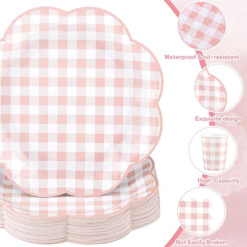 NatNarr 250 Pcs Pink Gingham Plates Set, Scalloped Pink and White Checkered Tableware Set Includes Disposable Plates Napkins and Cups for Wedding Birthday Picnic Baby Bridal Shower - Image 3