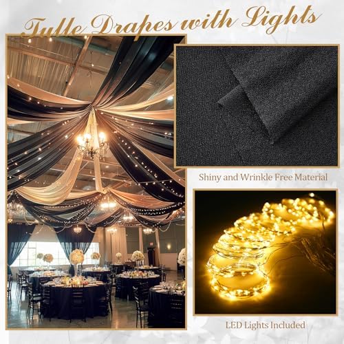 6 Panels Black Ceiling Curtains with Lights for Weddings - 5ftx30ft Wrinkle-Free Tulle Fabric Wedding Arch Draping Ceiling Drapes Decorations for Wedding Party Ceremony Stage Tent Event - Image 3