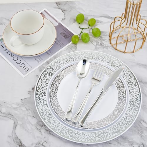 210 PCS Plastic Plates Set With Silver Rim Dinnerware Set for 30 Guests - Image 3