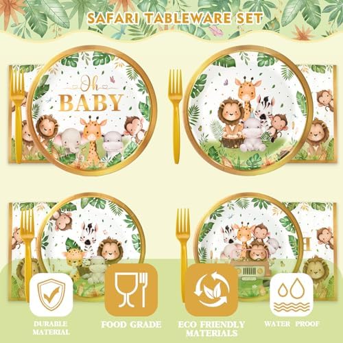 Kinovo 96 Pcs Safari Baby Shower Plates and Napkins Tableware Set (Serves 24), Plates Napkins and Forks Sets, Party Supplies, Jungle Safari Baby Shower Decorations - Image 4
