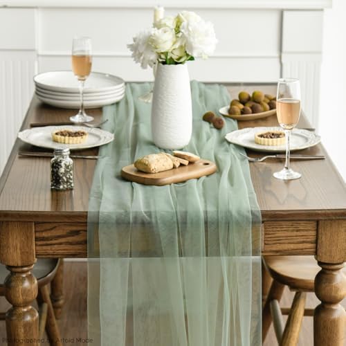 Artoid Mode Sage Green Gauze Table Runner 120 Inch 10FT, Seasonal Sheer Kitchen Dining Holiday Wedding Birthday Baby Shower Table Decor for Home Party - Image 5