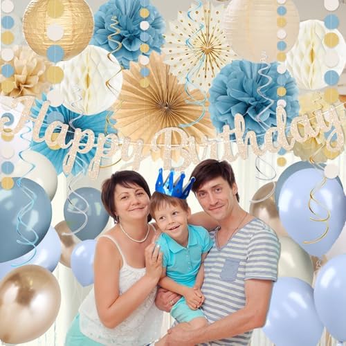 Dusty Blue Beige Champagne Women Birthday Decorations, Boho Neutral Boys Girls Blue Party Décor With Fog Cream Gold Balloons,Happy Banner Garland,Paper Lanterns, Honeycomb Tissue Pom Poms For Adults - Image 6