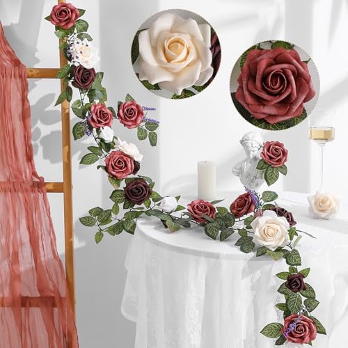 Garisey 5FT Burgundy Ivory Artificial Rose Garland for Wedding Arch Table by Garisey