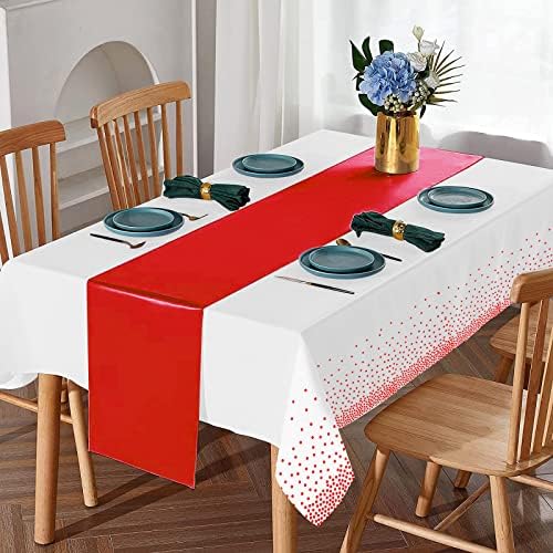 16Pack Disposable Plastic Tablecloths and Satin Table Runner Set White and Red Dot Tablecloth Red Satin Table Runner for Wedding Birthday Baby Shower Anniversary Christmas New Year Party Supplies - Image 4