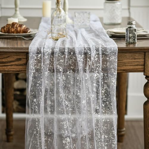 Artoid Mode White Silver Gauze Table Runner 120 Inch 10Pcs, Glitter Metallic Foil Sheer Dining Holiday Wedding Anniversary Birthday Table Decor for Home Party - Image 2
