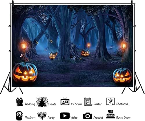 Renaiss Halloween Backdrop Spider Web Trees Grimace Pumpkin Lamp Gloomy Forest Photography Background Creepy Moonlight Woods Halloween Birthday Dress Up Party Decor 10x8ft Photo Booth Props Wallpaper - Image 3