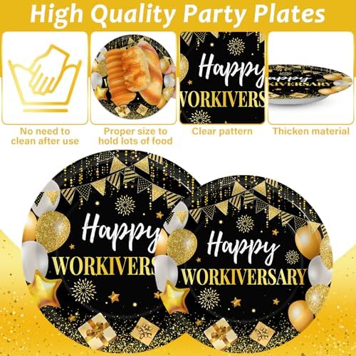Justforjoyful 96Pcs Happy Work Anniversary Party Supplies Black Gold Happy Workiversary Tableware Dinnerware Set Worker Appreciation Plates Napkins Decorations for Women Men Office Employee Worker - Image 3