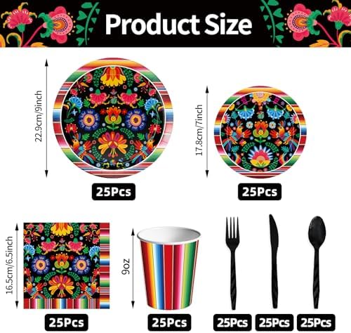 175 Pcs Fiesta Tableware Set – Serves 25, Mexican Party Supplies Disposable Plates, Cups, Napkins, Forks, Spoons, Knives with Floral and Serape Stripe Design for Cinco de Mayo, Birthday Celebrations - Image 2