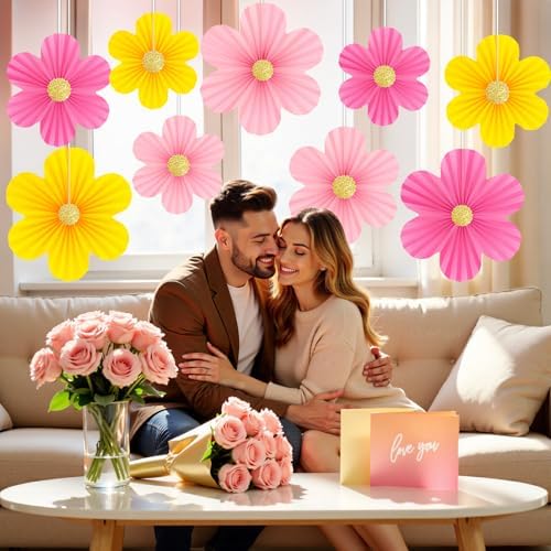 Pink and Yellow Party Decorations 9PCS Paper Flowers Decorations for Wall - Image 7