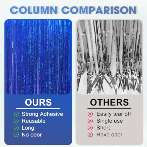 Voircoloria Laser Blue Foil Fringe Backdrop Curtains, 3.3x8.2ft, 3 Pack - Image 3
