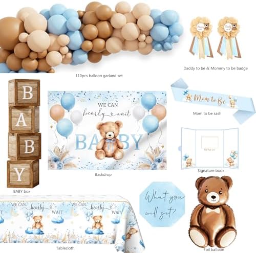 Bear Baby Shower Decorations Party Supplies, We Can Bearly Wait Baby Shower Decoration, Backdrop Balloon Arch Box Mom to Be Sash Dad to Be Pin Tablecloths Bear Balloon - Image 2