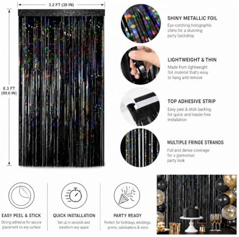 2Pack Black Party Backdrop, Black Party Decorations Foil Fringe Curtains - Image 3