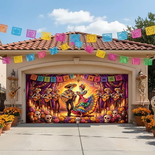 Day of The Dead Garage Door Cover 16x7ft Skull Dancing Halloween Decor - Image 7