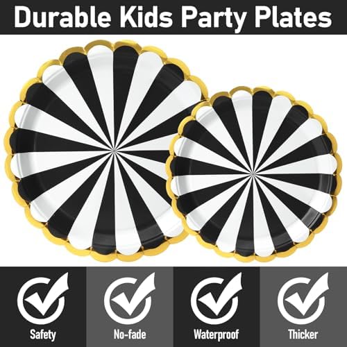 96PCS Black Party Paper Plates with Gold Scalloped Edge, Black Scalloped 9inch 7inch Dessert Paper Plates Party Supplies for Birthday Bridal Shower Picnic, Serve for 24 Guests, Striped - Image 4
