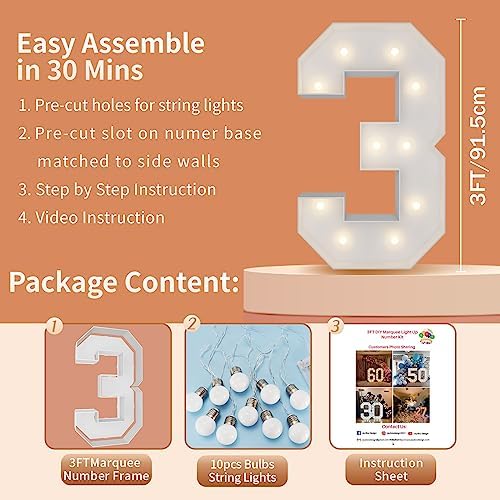 3FT Marquee Numbers, Large Light Up Numbers 3 for 3nd Birthday Party Decor - Image 5