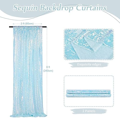 Mermaid Blue Sequin Backdrop 2 Pcs 2ftx8ft Glitter Backdrop Curtains for Mermaid Themed Birthday Party Decorations - Image 3