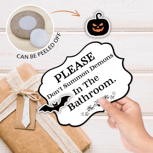 Halloween Table Sign 5x7 Inch Ghost Decor, Rustic Party Centerpiece with Metal Stand & 2 DIY Stickable Wood Decor, Please Don't Summon Demons In The Bathroom Decoration for Home & Party Display - B09 - Image 4