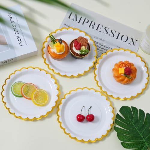 White scalloped party plates with napkins and fork gold foil border, 24 Guest disposable Tableware Set Party Decoration for Birthday Coquette Bridal Baby Shower Valentines - Image 2