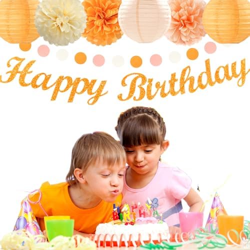 Orange-Peach Beige First Happy-Birthday Party-Decorations - 31pcs 20th Women Girls Bohemian Groovy Paper Lanterns Streamers Banner,Tissue Pom Poms Decor,Fall Boho Fans Tassels Graland Backdrop Hugmoon - Image 6
