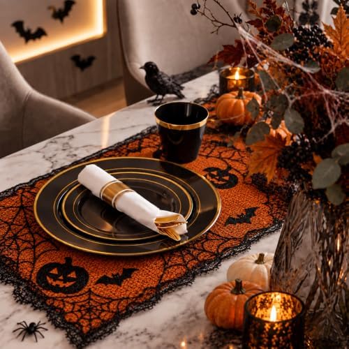WELLIFE 350PCS Black and Gold Plastic Plates - Plastic Dinnerware Set for 50 Guests,Include 50 Dinner Plates, 50 Dessert Plates, 50 Black Cups 9 OZ, 50 Pre Rolled Napkins with Gold Silverware - Image 3