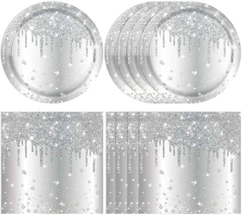 40PCS Silver Birthday Decorations Silver Glitter Happy Birthday Decoration Diamond Plates and Napkins Tablecloth for Men Women Birthday Party Supplies by Actoridae