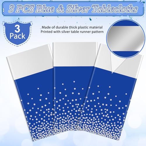 3Pcs Blue and Silver Tablecloth Party Decorations,Plastic Royal Blue Table Cloth Printed Silver Table Runner Disposable Rectangle Tables Cover for Anniversary Wedding Graduation 2025 Party,54x108 Inch - Image 4