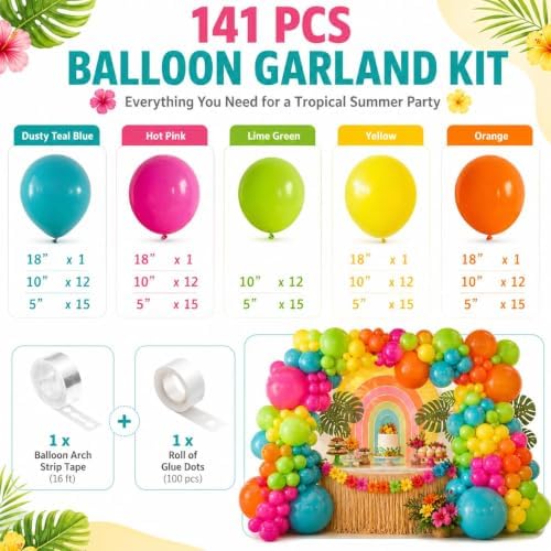 141 Pcs Rainbow Neon Balloon Arch Kit, Hot Pink Lime Green Orange Slate Blue Yellow End of Summer Tropical Balloon Garland for Hawaiian Luau Aloha Birthday Pool Back to School Party Decorations - Image 2