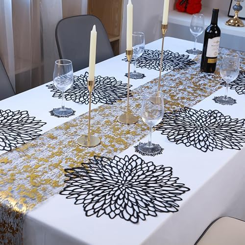 Snowkingdom 6 Pack Black Placemats Washable Pressed Vinyl Dining Table Mats Round Floral Charger Decoration for Halloween Christmas Thanksgiving - Image 3