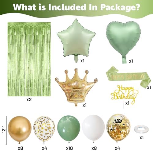 Sage Green Birthday Decorations with Olive Green Fringe Curtain Sash Foil Balloon Eucalyptus White Gold Latex Balloons Happy Birthday Banner for Girls Women Party Decoration - Image 2