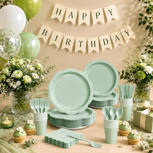 175 Pcs Sage Paper Plates and Napkins Party Supplies for 25 Guests, Food-Grade Thickened Disposable Tableware Set with Cutlerys, 7'' & 9'' Decagonal Plates for Engagement Party - Image 7