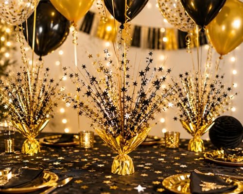 4 Pack Metallic Foil Spray Centerpiece Stars for Wedding, Birthday, Anniversary, Christmas Table Decor, Holiday Festival Baby Shower Graduation Mantle Party Decorations (Gold&Black) - Image 3
