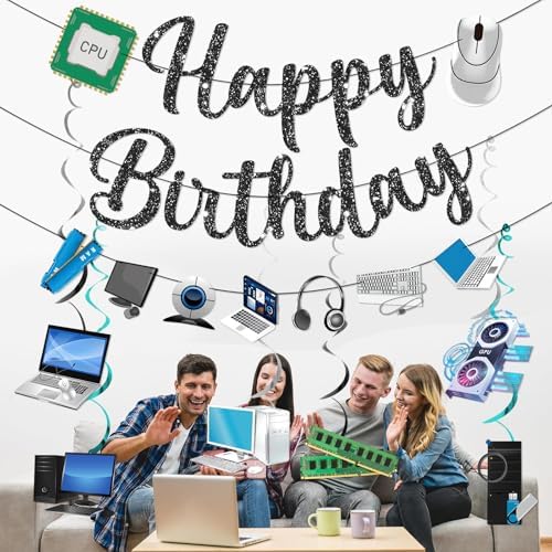 Computer Decorations for Office Birthday Computer Birthday Decorations Black PC Banner Garland Hanging Swirls - Image 5