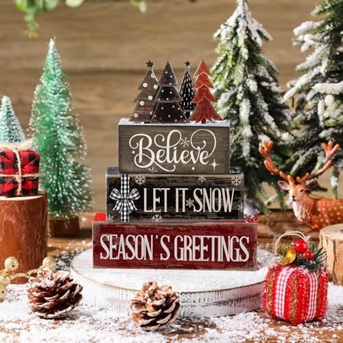 Moucuny 4 Pcs Christmas Decor Wooden Block Signs for Tiered Tray Table - Image 3