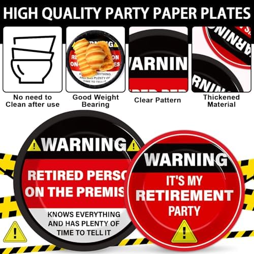 Qyeahkj 100 Pcs Funny Happy Retirement Party Supplies Caution Retirement Paper Plates and Napkins Set Disposable Warning Sign Tableware Decorations for Men Women Farewell Going Away Party Serves 25 - Image 3