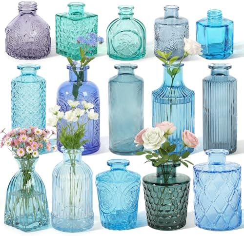 Set of 15 Blue Glass Bud Vases Small Textured Flower Vases by saiguomi