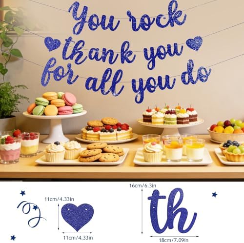 Pre-Strung You Rock Thank You For All You Do Banner - Glitter Employee Appreciation Decorations, Staff Teacher Nurse Recognition Party Supplies, Retirement Office Decor Sign, Large Cardstock Garland (Navy Blue) - Image 4