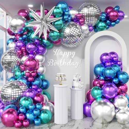 Disco Balloons Garland Arch Kit - 22 18 12 10 5 inch Metallic Purple Blue Hot Pink Green Silver Chrome Disco Balloon with for Birthday Sing Themed 70S 80S 90S Bachelorette Party Decorations by Unknown