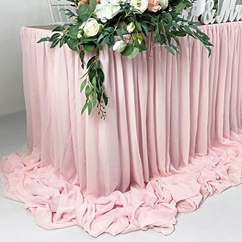 Pooling and Floating Chiffon Table Skirt with extra length, 6FT 9FT 14FT Sheer Tablecloth, Baby Shower, Birthdays Party, Main Cake Table Decoration, Wdding Table Skirt (Blush Pink, 14FT) - Image 2