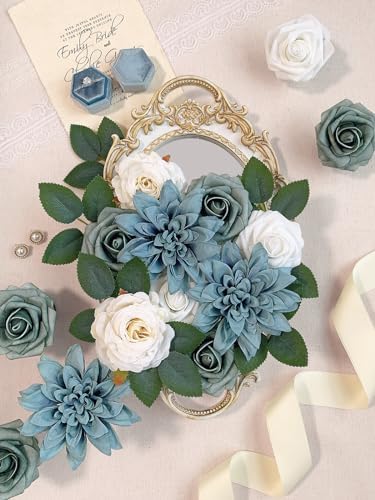 FACINOC Roses Artificial Flowers Dusty Blue Fake Flower with Stem Box Set - Image 3