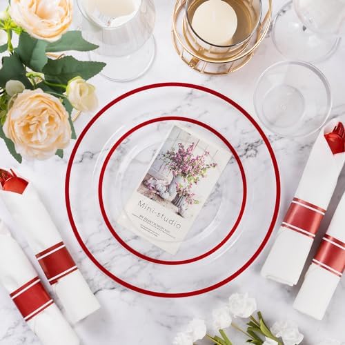 Goodluck 350 Pcs Clear Red Plastic Dinnerware Sets for Party for 50 Guests - Image 3