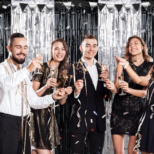6 Pack 3.3Ft x 6.6Ft Graduation Foil Fringe Curtain Backdrop Decorations, Black Silver Metallic Tinsel Foil Streamers Curtain Photo Background for Graduation Prom Wedding Birthday Party Decorations - Image 2