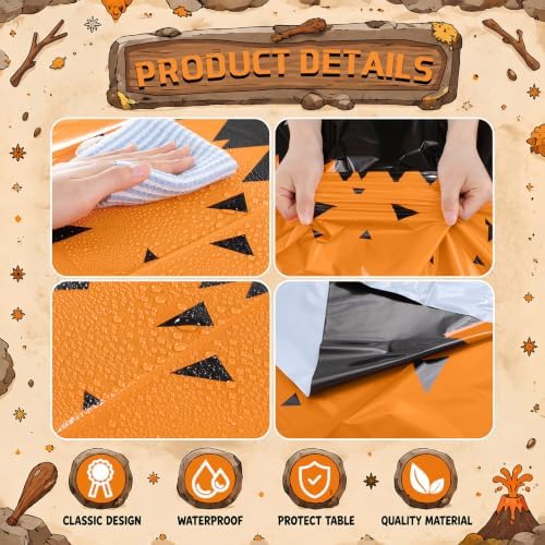 6 Pcs 51 x 87 In Prehistoric Cartoon Plastic Tablecloths, Orange and Black - Image 4