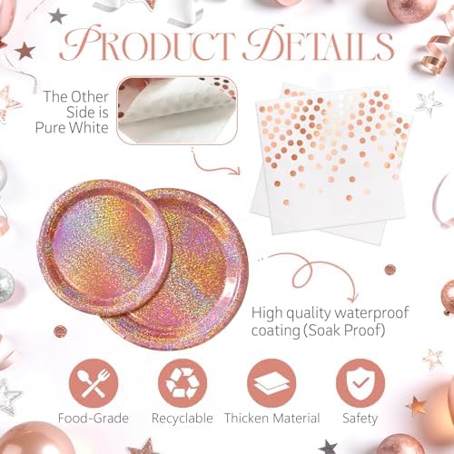 Rose Gold Party Decor, 75 Pcs Iridescent Paper Plates and Napkins Set - Image 3