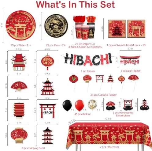 Red Gold Hibachi Party Decorations Tableware Set, for 25 Guest - Image 2