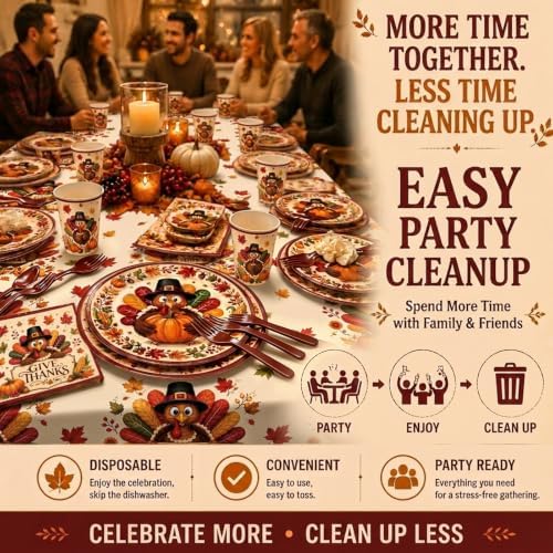 Thanksgiving Party Supplies for 24 Guests, Turkey Disposable Dinnerware Set with Dinner Plates, Dessert Plates, Cups, Napkins, Forks & Tablecloth, Give Thanks Fall Decorations for Thanksgiving Dinner - Image 7