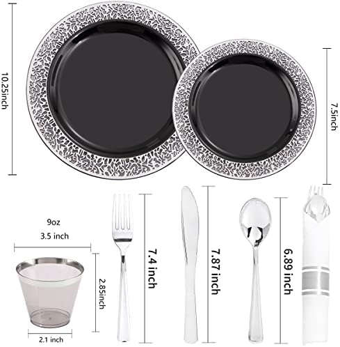 NOCCUR 210PCS Black and Silver Dinnerware Set for 30 Guests - Black Plastic Plates with Silver Rim Include 30 Dinner / 30 Dessert Plates, 30 Prewrapped Silverware, 30 Cups Ideal for Party/Graduation - Image 3