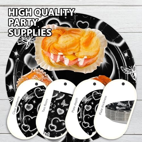 Grencian 96Pcs 2000s Black Heart Y2k Party Themed Decorations, Serve 24 - Image 6