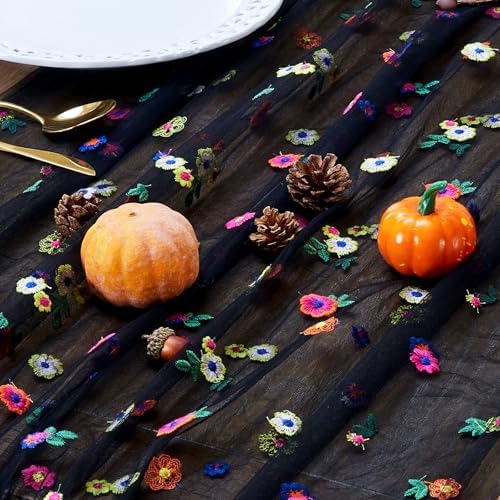 JIALE Black Floral Table Runner, Embroidery Daisy Seasonal Table Decorations, 120Inch 10FT Tulle Fabric for Home Decor, Bridal Shower Wedding, Baby Shower Parties, DIY Craft - Image 2