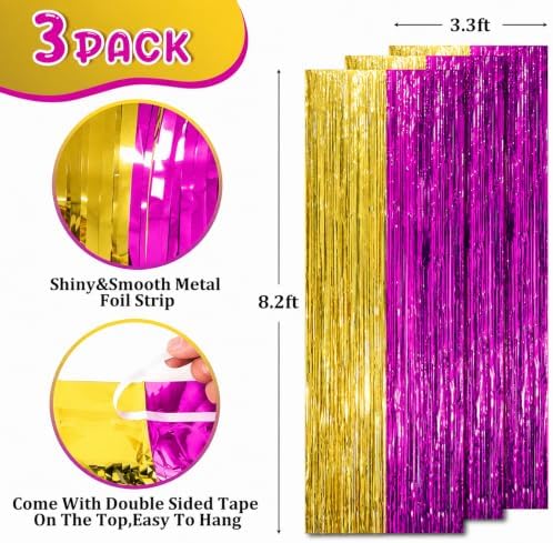 Voircoloria Purple Gold Foil Fringe Backdrop Curtains,3.3x8.2ft, 3 Pack - Image 2