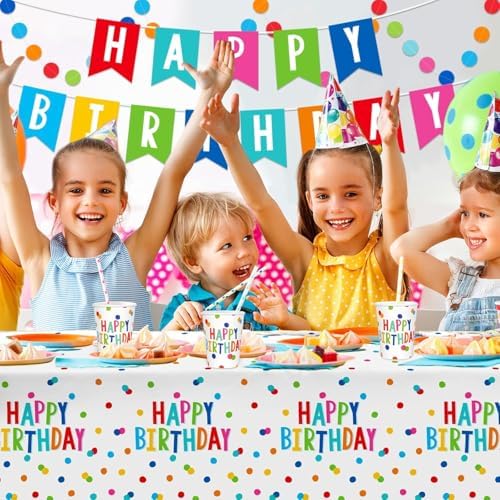 Birthday Party Supplies Set for 25 Guests, Polka Dot Happy Birthday Decorations Kit with Plates, Napkins, Cups, Tablecloth, Banner & Balloons, Colorful Unisex Party Decor - Image 6